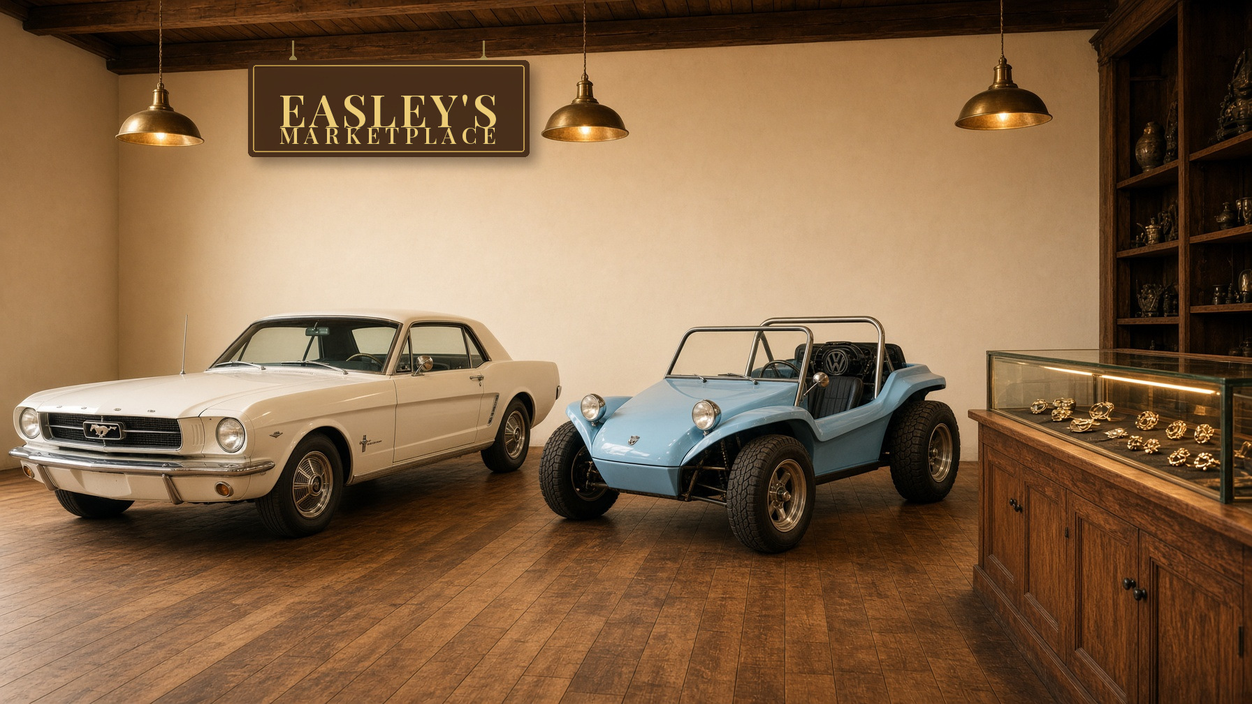 A white 1965 Mustang and a light-blue Meyers Manx dune buggy displayed in Booth LE under the Easley's Marketplace sign